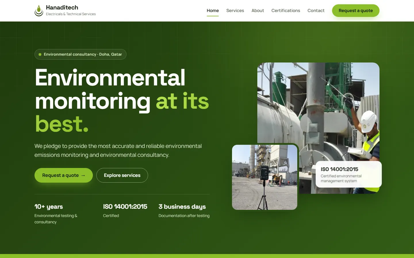 Hanaditech home page on a desktop screen: the headline "Environmental monitoring at its best.", Request a quote and Explore services buttons, and photos of emissions testing on site.