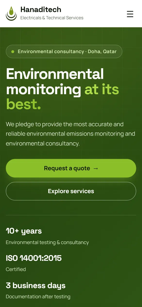 Hanaditech home page on a phone, with the headline, the quote button and the key figures stacked in one column.
